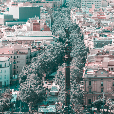 La Rambla in Barcelona, Spain. Aerial viewの写真素材