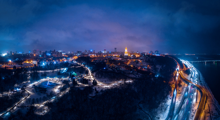 Spectacular nighttime skyline of a big city at night. Kiev, Ukraineの写真素材