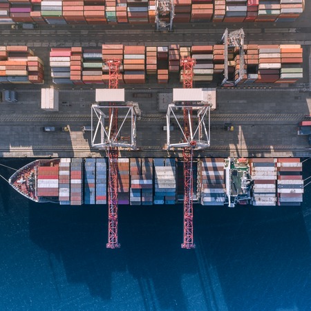 Container cargo ship in import export business logistic, Freight transportation, Aerial view.の写真素材