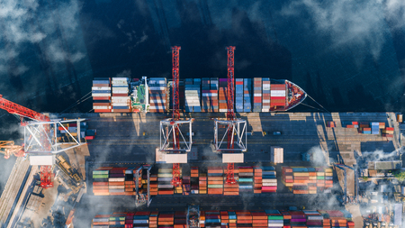 Container cargo ship in import export business logistic, Freight transportation, Aerial view.