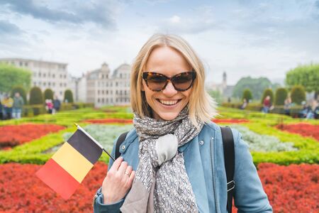 Woman traveler looks at the sights of Brussels, Belgium.の写真素材