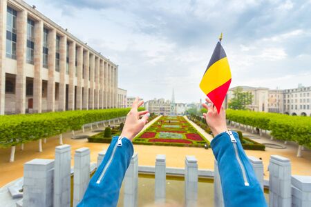 Woman traveler looks at the sights of Brussels, Belgium.の写真素材