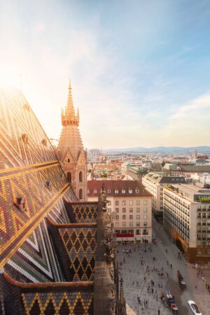 View of the city from the observation deck of St. Stephens Cathedral in Vienna, Austriaの写真素材