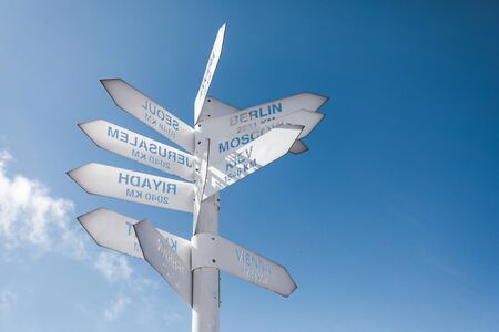 Destination signs to several famous cities, Tahtali, Kemer, Antalya, Turkeyの写真素材