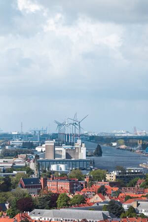 Panorama of the industrial part of Bruges with a port, windmills, Belgium. Renewable Energy, Wind Energyの写真素材