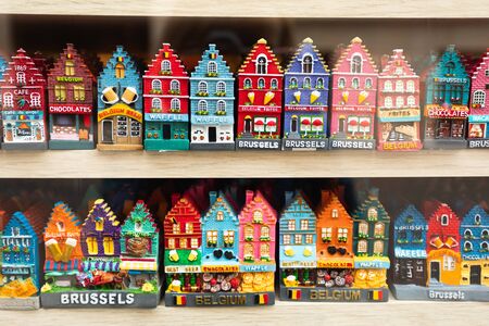 Magnets souvenirs from Brussels on a showcaseのeditorial素材