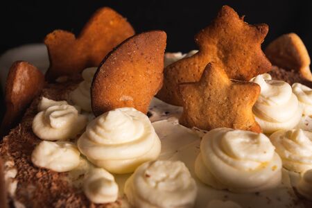 Homemade cake decorated with gingerbread cookie. Close upの写真素材