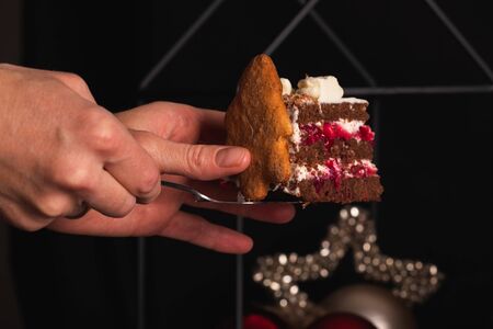 Female hands cut a piece of cake Black Forest decorated in Christmas style.の写真素材