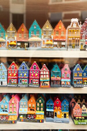 Brussels, Belgium - May 03, 2019: Showcase with souvenir houses in the Belgian style, Brussels, Belgium.のeditorial素材