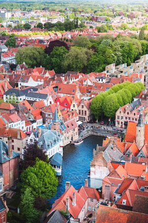 Famous tourist destination for photos in Bruges, Belgium. Aerial view, view from the Belfort tower. Corner of the street where all the tourists take a typical Bruges snapshot.の写真素材