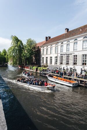 Boat mooring for boat tour of Bruges, Belgiumのeditorial素材