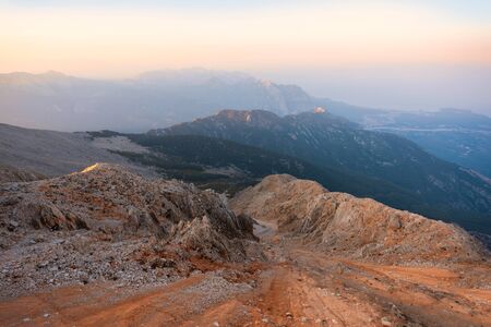 Panorama of the mountains at sunset.の写真素材