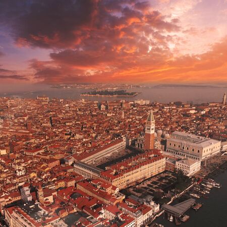 Panoramic aerial view of Piazza San Marco in Venice at sunset, Italyの写真素材