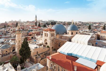 Panoramic aerial view of the Temple of the Holy Sepulcher in the old city of Jerusalem, Christian quarter, Israelの写真素材
