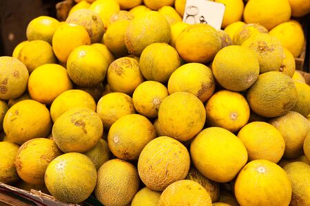 Yellow Melon Counter at the Mahane Yehuda market in Jerusalem, Israelの写真素材