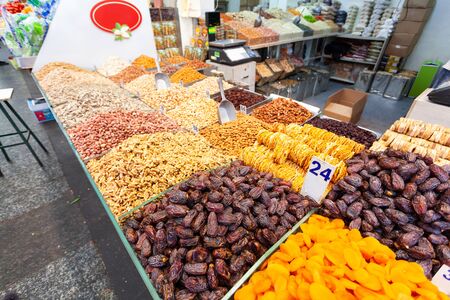 Dried fruits and nuts at Mahane Yehuda Market in Jerusalem, Israelの写真素材