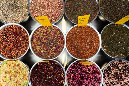 Various fruit teas on the counter in the market.の写真素材