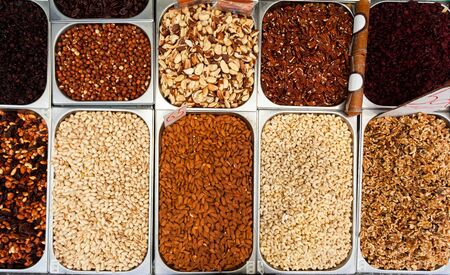 Seed and nut counter at the Mahane Yehuda market in Jerusalem, Israelの写真素材