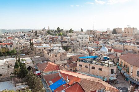 Panoramic aerial view of the old city in Jerusalem, Christian quarter, Israel.の写真素材