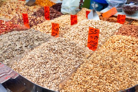 Seed and nut counter at the Mahane Yehuda market in Jerusalem, Israelの写真素材