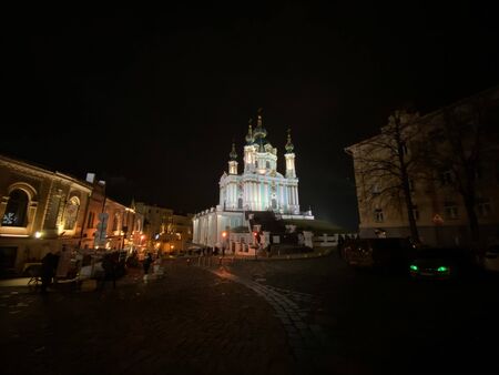 St. Andrew's Church in Kiev with night illumination, Ukraine.の写真素材