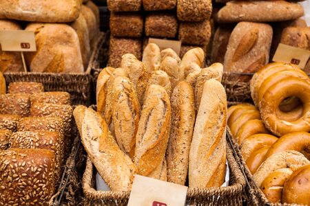Many mixed breads and rolls shot from above.の写真素材