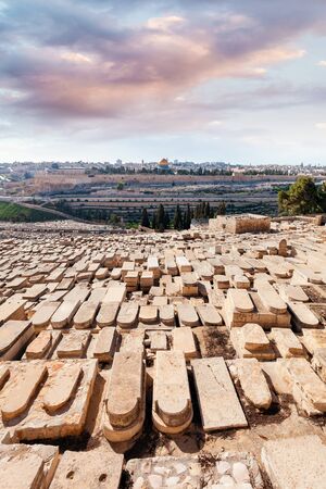 View from the Mount of Olives to Dome of the Rock and the old city of Jerusalem, Israelの写真素材