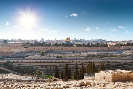 View from the Mount of Olives to Dome of the Rock and the old city of Jerusalem, Israelの写真素材