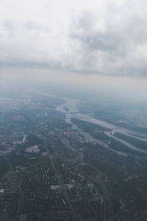 Panoramic view of the city of Kiev from the window of an airplane during a flight, Ukraineの写真素材