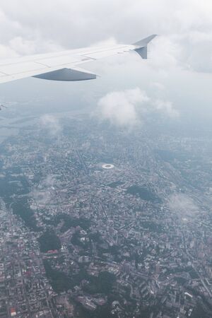 Panoramic view of the city of Kiev from the window of an airplane during a flight, Ukraineの写真素材