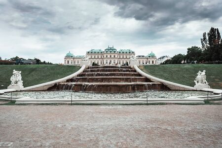 Beautiful cascade fountain in front of Belvedere Palace, Vienna, Austria