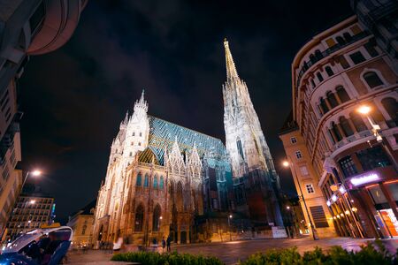 St. Stephens Cathedral on Stefansplatz in Vienna at night with long exposure, Austria.の写真素材