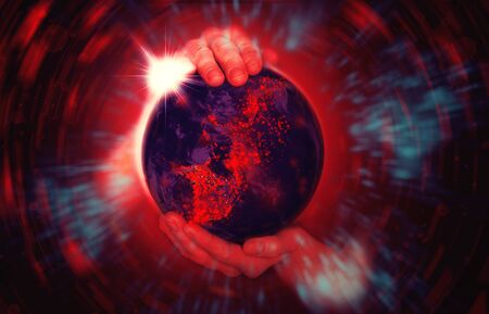 Female hands hold the globe with epicenters of infection Covid 19 with a bright red halo.の写真素材