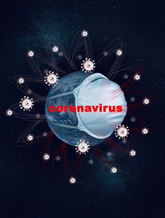 Globe with a medical mask and a halo of Covid 19 cells against a starry sky.の写真素材