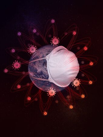 Globe with a medical mask and a halo of Covid 19 cells against a starry sky.の写真素材
