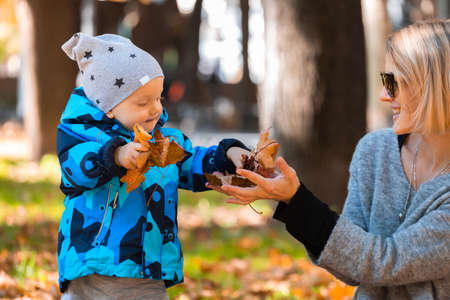 Little boy with mother in park in autumnの写真素材