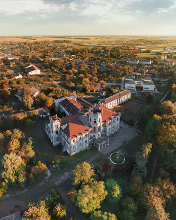 Aerial view of ruined castle in neo-gothic style, Ukraineの写真素材