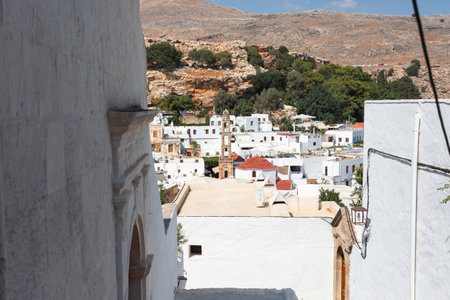View from the hill of the old town of Lindos in Greece.の写真素材