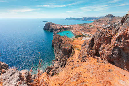 Panorama of the secret beach in Lindos city from the Acropolis, Rhodes island, Greeceの写真素材