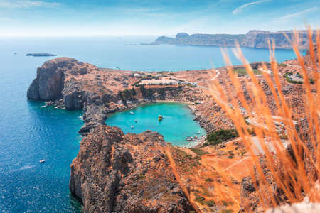 Panorama of the secret beach in Lindos city from the Acropolis, Rhodes island, Greeceの写真素材