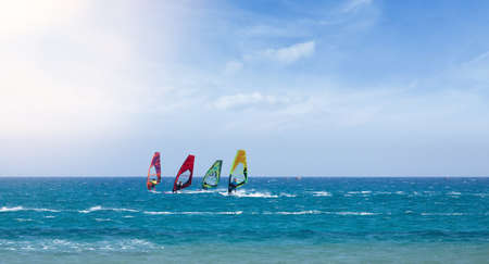 Windsurfing at the confluence of two seas on the island of Rhodes in Greeceの写真素材