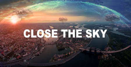 Close up the sky over Ukraine. Large panorama of Kyiv with protective shield