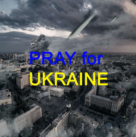 Aerial view concept with a flying cruise missile, Kyiv, Ukraineの写真素材