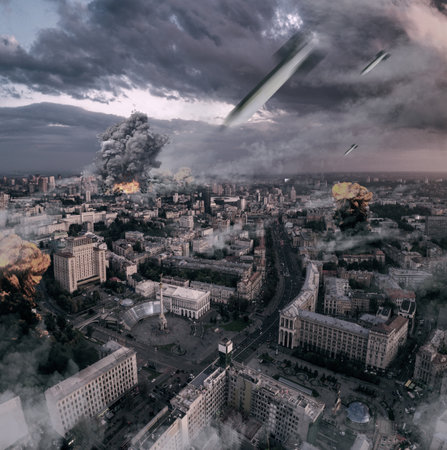 Aerial view of the central street of Kyivの写真素材