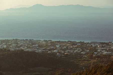 Aerial view of a village at sunset, Rhodes, Greeceの写真素材