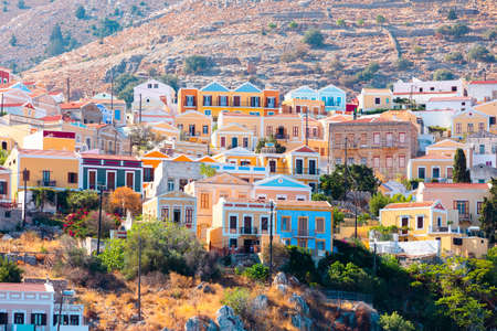 View of traditional colorful houses on Symi island, Greece, Dodecaneseの写真素材