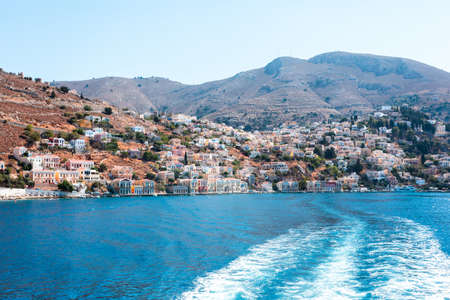 View of traditional colorful houses on Symi island, Greece, Dodecaneseの写真素材