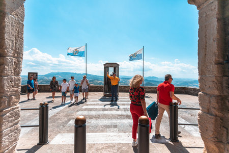 Panoramic view of the valley from the mountain on which San Marino is locatedのeditorial素材