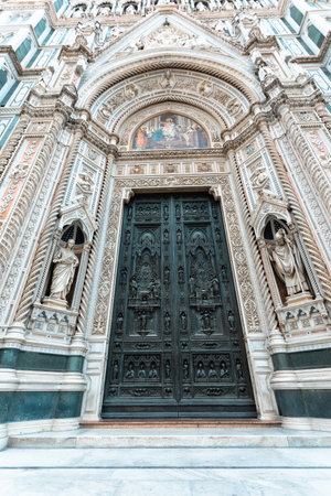 Detail of the facade of the Cathedral of Santa Maria del Fiore in Florence, Italyの写真素材