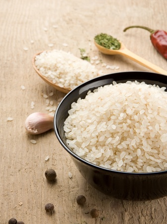 set of nutrition and rice on wooden textureの写真素材